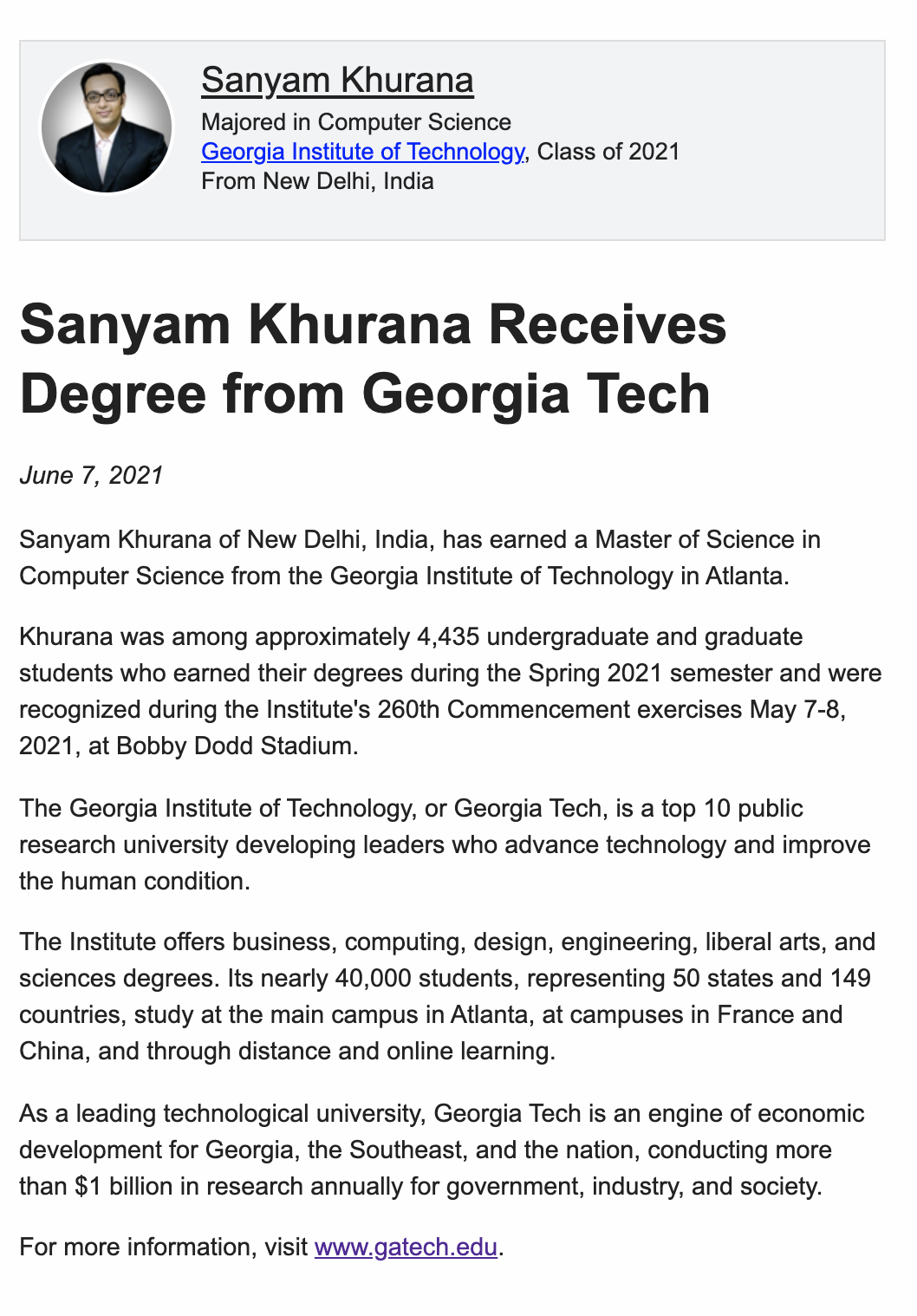 News about Sanyam Khurana graduating from Georgia Tech